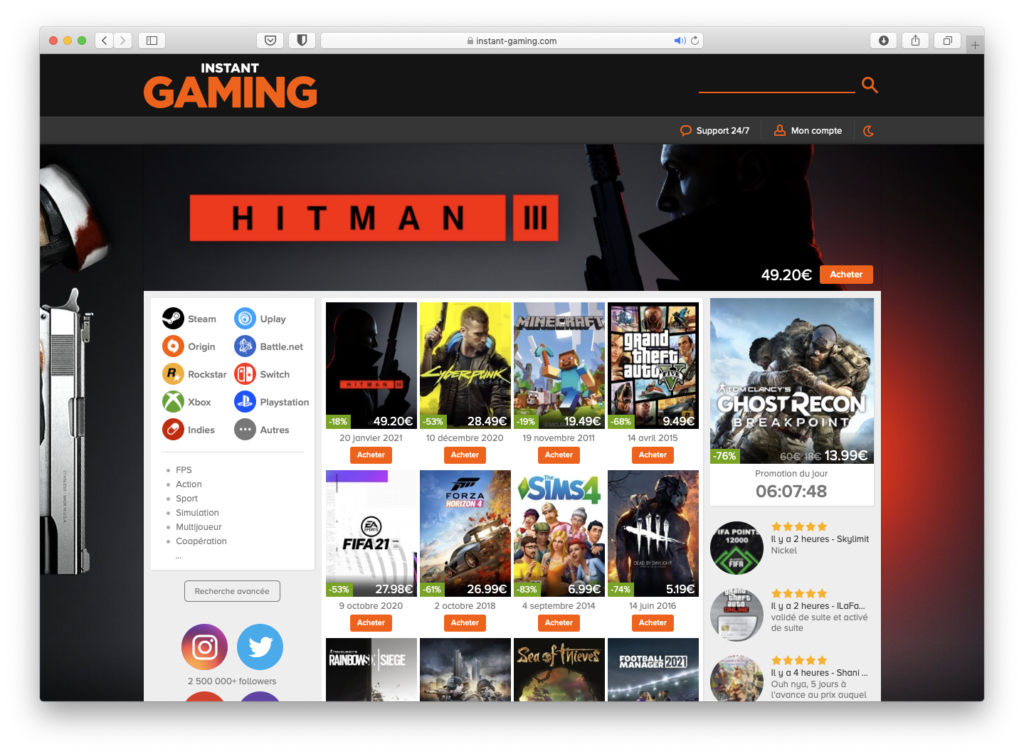 Site Instant-Gaming d'achey de jeu vidéo